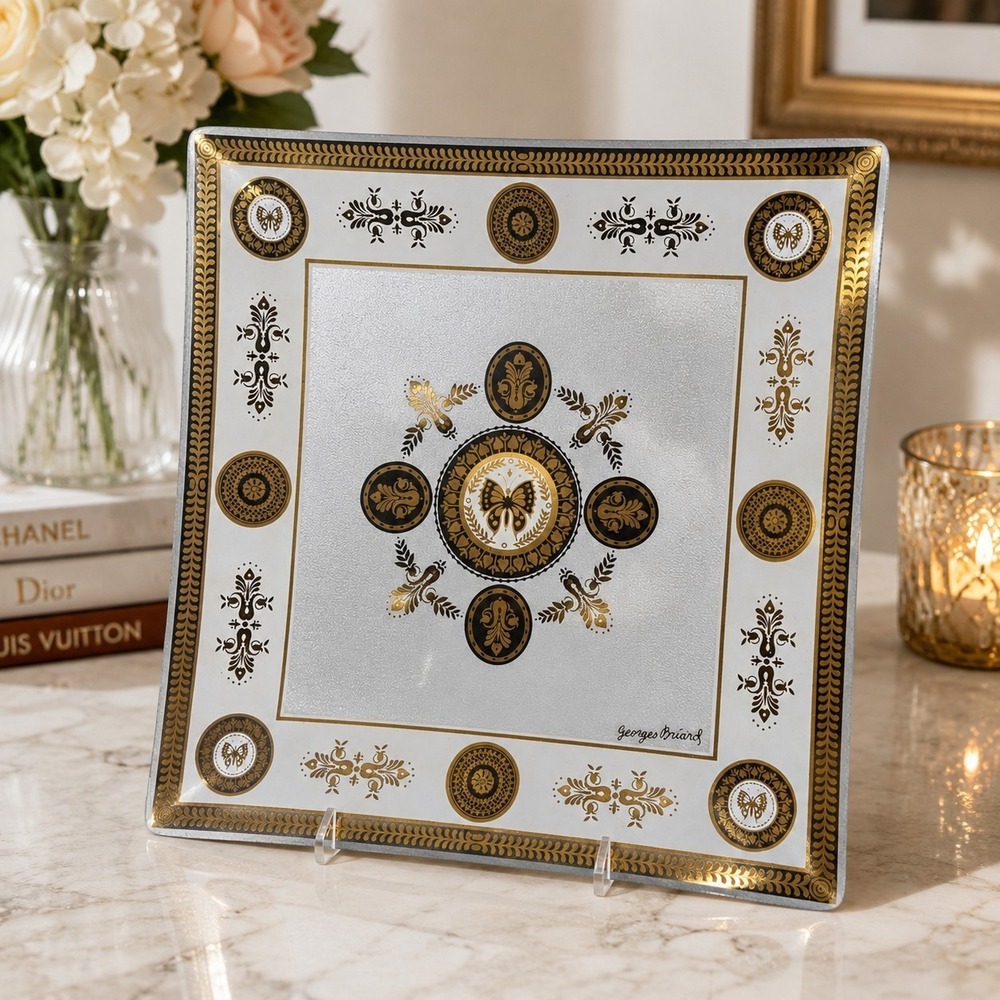 Georges Briard Embassy 22K Gold Butterfly Glass Tray 11" Mid Century MCM